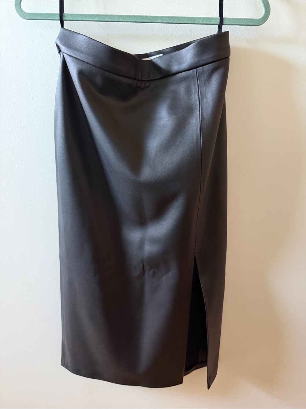 Black Faux Leather Pencil Skirt with Side Slit